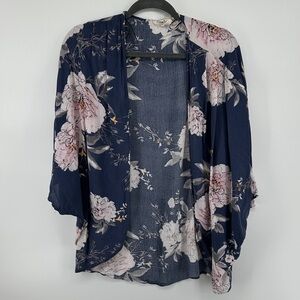 Boho Causal Chic Resort/Beachwear Navy Floral Kimono with Pink Blossoms Open SzL